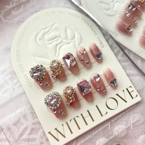 Luxury pink gradient press-on nails with 3D heart rhinestones and pearls 10pcs set