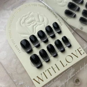 Handmade black cat eye gradient press-on nails in trapezoid shape with 10pcs set