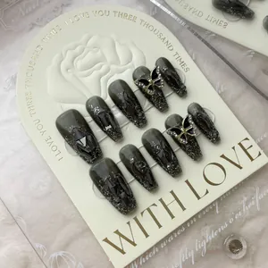 Handmade Press On Nails Butterfly Charms Gunmetal Cat Eye Luxury Punk Sweet Cool Rhinestone Inlaid False Nails Set For Women