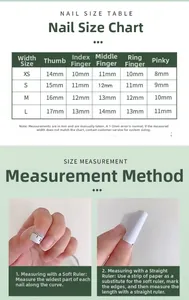 Detailed handmade press-on nail size guide with measurements for XS S M L sizes