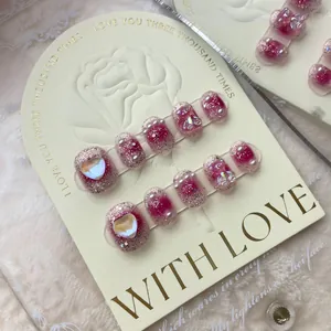 Handmade Press On Nails Pink Blush Gradient Heart Bear Artificial Pearl Rhinestone 3D Cute Reusable False Nails For Women Girls