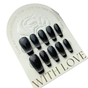 Handmade dark brown cat eye press-on nails with 10 pieces in coffin shape set