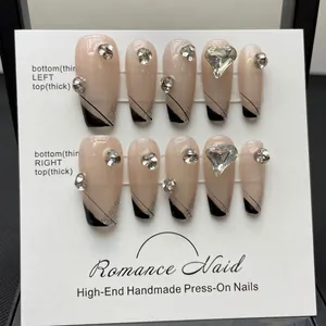 Handmade Black French Long Coffin Press On Nails With Heart Rhinestones Silver Glitter Elegant Glossy False Nails For Women