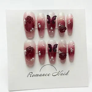 Handmade wine red ballerina press-on nails with 3D rose and butterfly charms