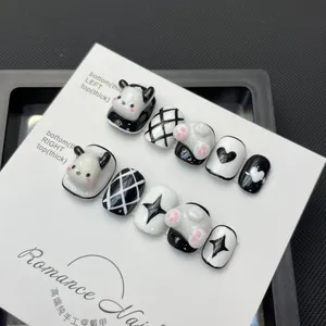 Handmade 3D cartoon press-on nails set with black and white heart and grid patterns