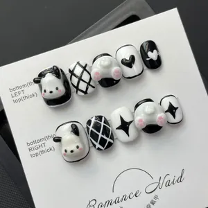 Handmade 3D Cartoon Press On Nails Resin Black White Checkerboard Dog Heart Pattern False Nails For Women Fashion Manicure