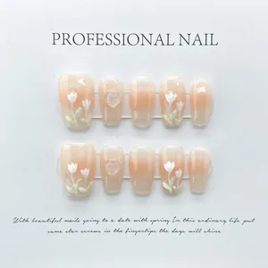 Handmade Press On Nails Peach Gradient White Tulip Heart Design Reusable Fake Nails Elegant Manicure For Women