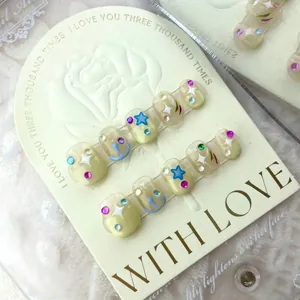 Handmade Starry Dream Press-on Nails Sweet Short Oval Graffiti Star Pattern Rhinestone Glitter Fake Nails For Women Girls