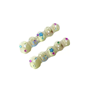 Starry sky handmade press-on nails with colorful rhinestones and cartoon moon motifs