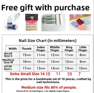 Size chart for handmade press-on nails including S, M, L, and XS dimensions in millimeters