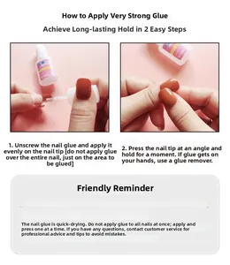 Detailed guide showing nail glue application and press-on nail attachment steps