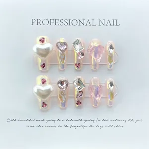 Handmade Iridescent Pink Heart Press On Nails Long Coffin False Nails With Rhinestone Pearl 3D Nail Art For Women Jewelry