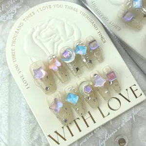 Handmade Dreamy Starry Press On Nails Butterfly Moon Star 3D Rhinestone Jelly Long Coffin Fake Nails for Women DIY Manicure