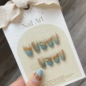 Handmade Marble Press On Nails Caramel Gradient Rhinestone Gold Charms Reusable Coffin Fake Nails Set For Women