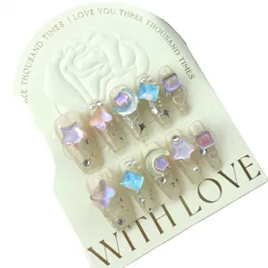 Handmade press-on nails set with 3D butterflies stars and shimmering crystal rhinestones