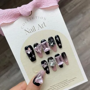 Ongles à Presser Faits à la Main Y2K Dégradé Noir Rose Avec Papillon Cœur Strass Ensemble d'Ongles de Luxe 3D Pour Femmes Fête