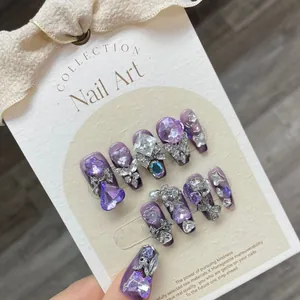 Handgefertigte Lila Schmetterling Nagel-Tips Mit Strass Gothic Metallflügel Langer Coffin Form Luxus Nagelkunst Für Damen