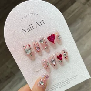 Handmade Raspberry Red Glitter Press On Nails With Heart Rhinestones Trapezoid Round Shapes Artificial Nails For Women Beauty