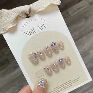 Unghie Finte Star Girl Occhio di Gatto Francese Rosa Strass Scintillanti Carine Fatte a Mano Con Colla a Gel e Strumenti per Manicure Donna