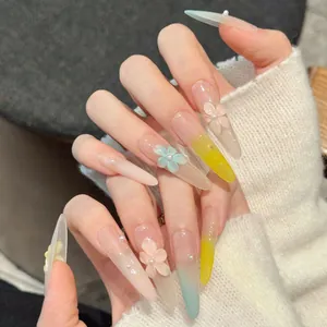 Macaron gradient handmade press-on nails with 3D floral relief and pearl details