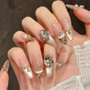 Luxury Handmade Maple Sugar Leopard Press On Nails Champagne Cat Eye Rhinestones Coffin Oval Stiletto Shape Nails For Women