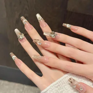 Long ballet press-on nails with maple leopard print, cat eye glitter and 3D pearls