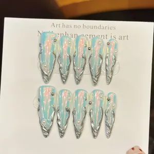 Holographic almond fake nails with silver 3D lava relief and delicate white pearls