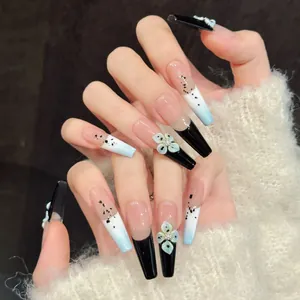 Handmade Press On Nails Black French Tip Blue Gradient 3D Flower Artificial Pearl Long Almond Coffin Shape Sweet Cool Fake Nails Set Women
