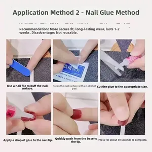 Detailed six-step tutorial for applying cat-eye press-on nails using professional glue