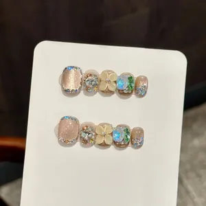 Handgefertigte 3D Blumen Künstliche Nägel Champagner Katzenauge Luxus Strass Falsche Nägel Wiederverwendbare Maniküre Damen