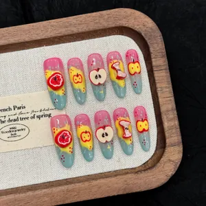 Handmade 3D green apple press-on nails with sweet pink gradient and summer art style