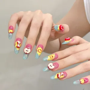 3D apple themed handmade press-on nails in pastel colors with fruit pattern designs