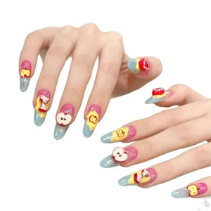 3D apple press-on nails with red fruit charms and pink to blue gradient finish