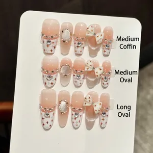 Handmade French Press On Nails With 3D Butterfly Bow Rhinestones Artificial Pearl Pink Gradient Cat Eye Fake Nails For Women Jewelry