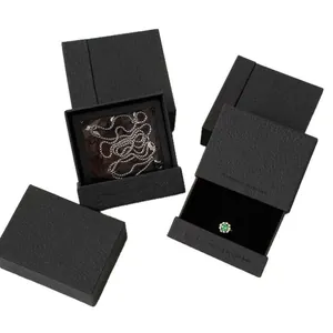Premium black embossed drawer-style jewelry box for rings and necklaces with gold text