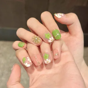 Japanese Style Spring Summer Handmade Flower Press On Nails 3D Relief Floral Faux Pearl Gold Line Green Pink Nude Manicure