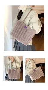 Detail of taupe plush tote bag with vertical stripes and fashion girl label