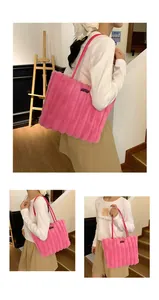 Detailed views of a large pink faux fur tote bag with vertical ribbed plush texture