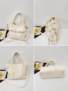 Detail view of corduroy tote bag showing front, side, and reinforced bottom structure