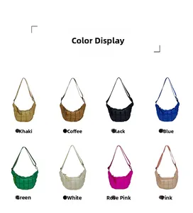 Detailed color selection showing quilted crossbody puff bags in eight vibrant colors