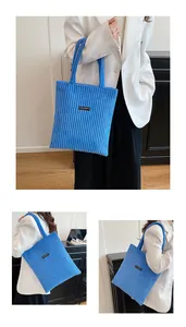 Dettaglio della borsa tote in velluto blu con trama a costine e toppa con etichetta Fashion