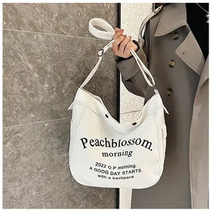 Detail of white canvas tote bag showing black text print and adjustable shoulder strap