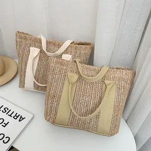 Damen Große Kapazität Gewebte Stroh Tragetasche Lässig Strand Schultertasche Sommerurlaub Kontrast Griff Handtasche