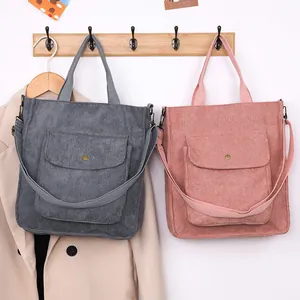 Japanese Corduroy Tote Bag For Women Large Capacity Shoulder Crossbody Bag With Front Pocket Solid Color Vintage Handbag