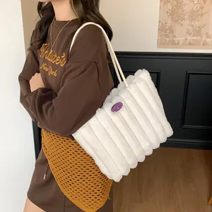 White faux fur tote bag with quilted texture and purple fashion girl patch