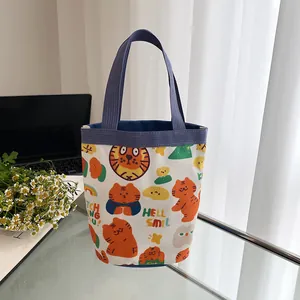 Sac seau en toile à imprimé tigre avec anses bleues pour étudiants et pique-nique