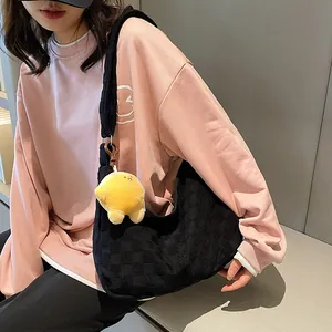 Waffle Texture Checkered Shoulder Bag Women Large Capacity Hobo Bag Adjustable Strap Casual Commuting Tote Crossbody Bag With Plush Charm