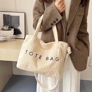 White corduroy tote bag with letter embroidery and versatile shoulder strap for women