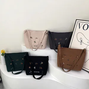 Women's Corduroy Embroidered Floral Tote Bag Large Capacity Harvest Day Shoulder Bag Casual Vintage Literary Commuter Handbag