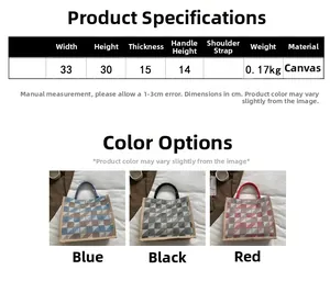 Detailed size guide for canvas tote bag showing dimensions and three available colors